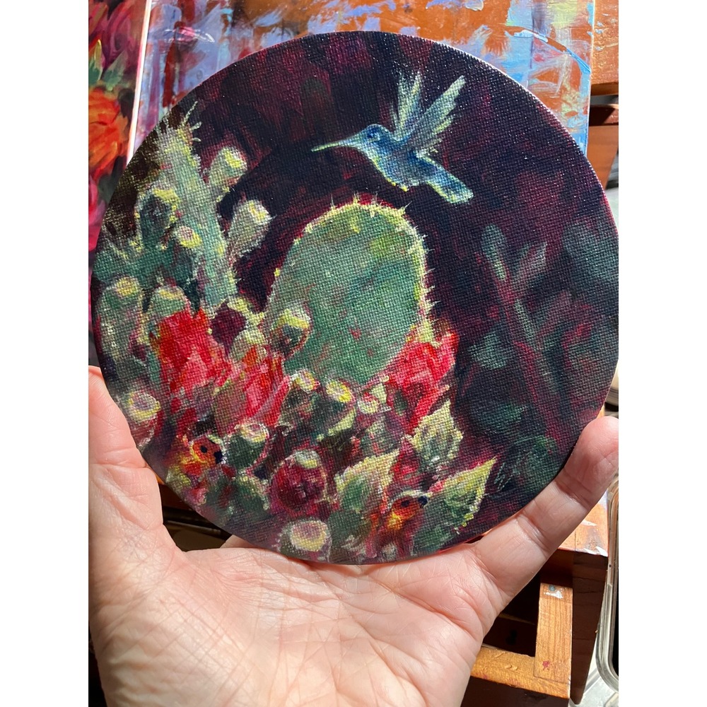 Artettina Original Hummingbird & Cactus painting Art Round desert blooming USA
